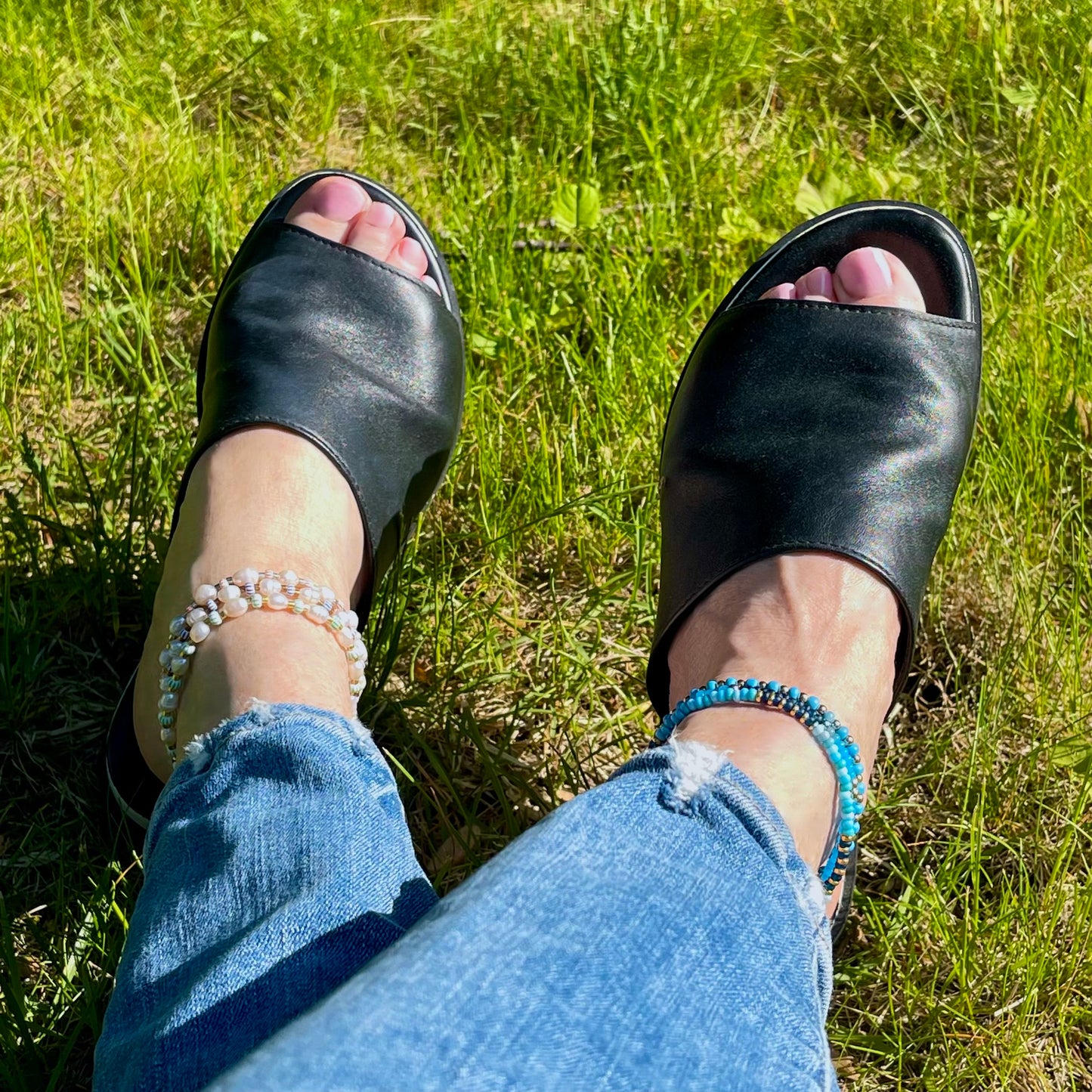 Stretchy ankle bracelets with fun multi color seed beads and freshwater pearls. Stackable ankle bracelets for mixing and matching.