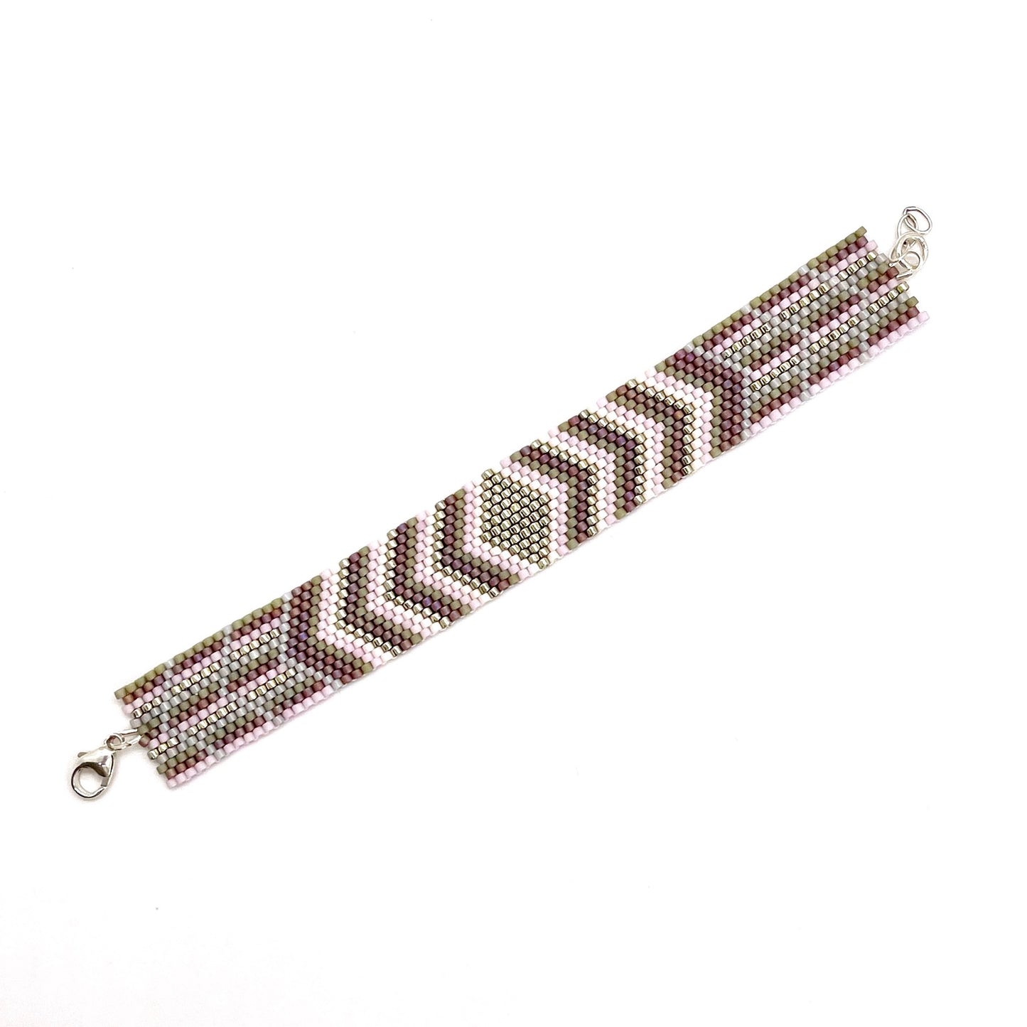 Diamond and chevron wide woven beaded miyuki bracelet in silver, mauve, white, and gray peyote pattern