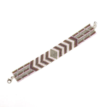 Diamond and chevron wide woven beaded miyuki bracelet in silver, mauve, white, and gray peyote pattern