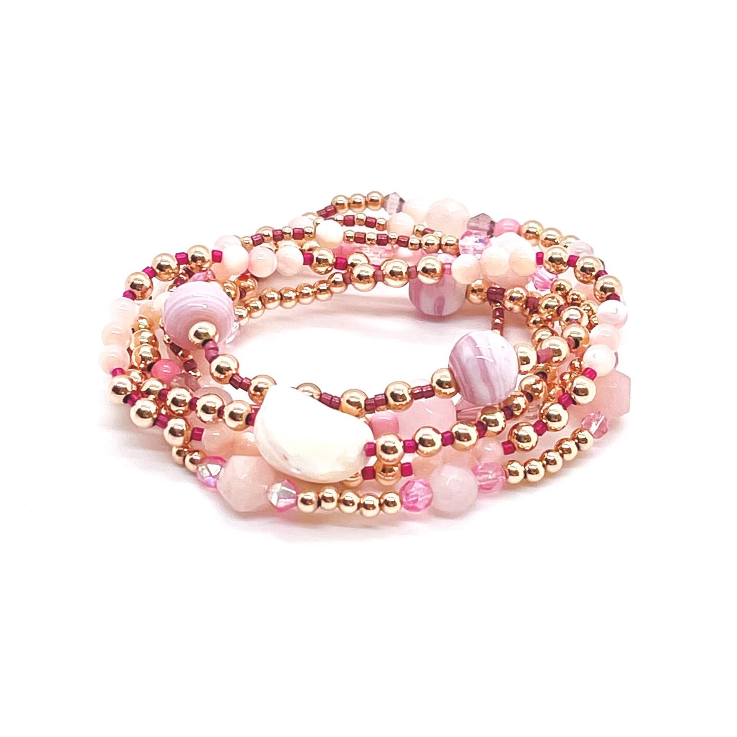 Wrap Beaded Bracelet | 6 Strand Stack | Pink/Pearl