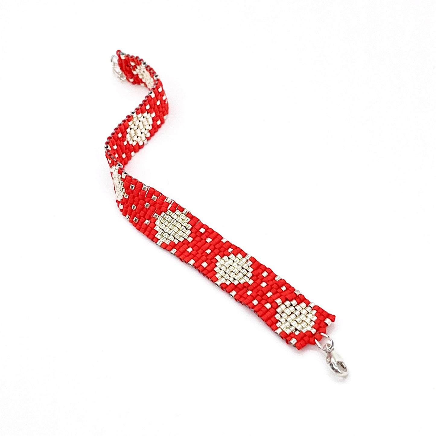 Fun, colorful red and silver wide hand woven beaded wristband bracelet with dainty tiny glass seed beads.