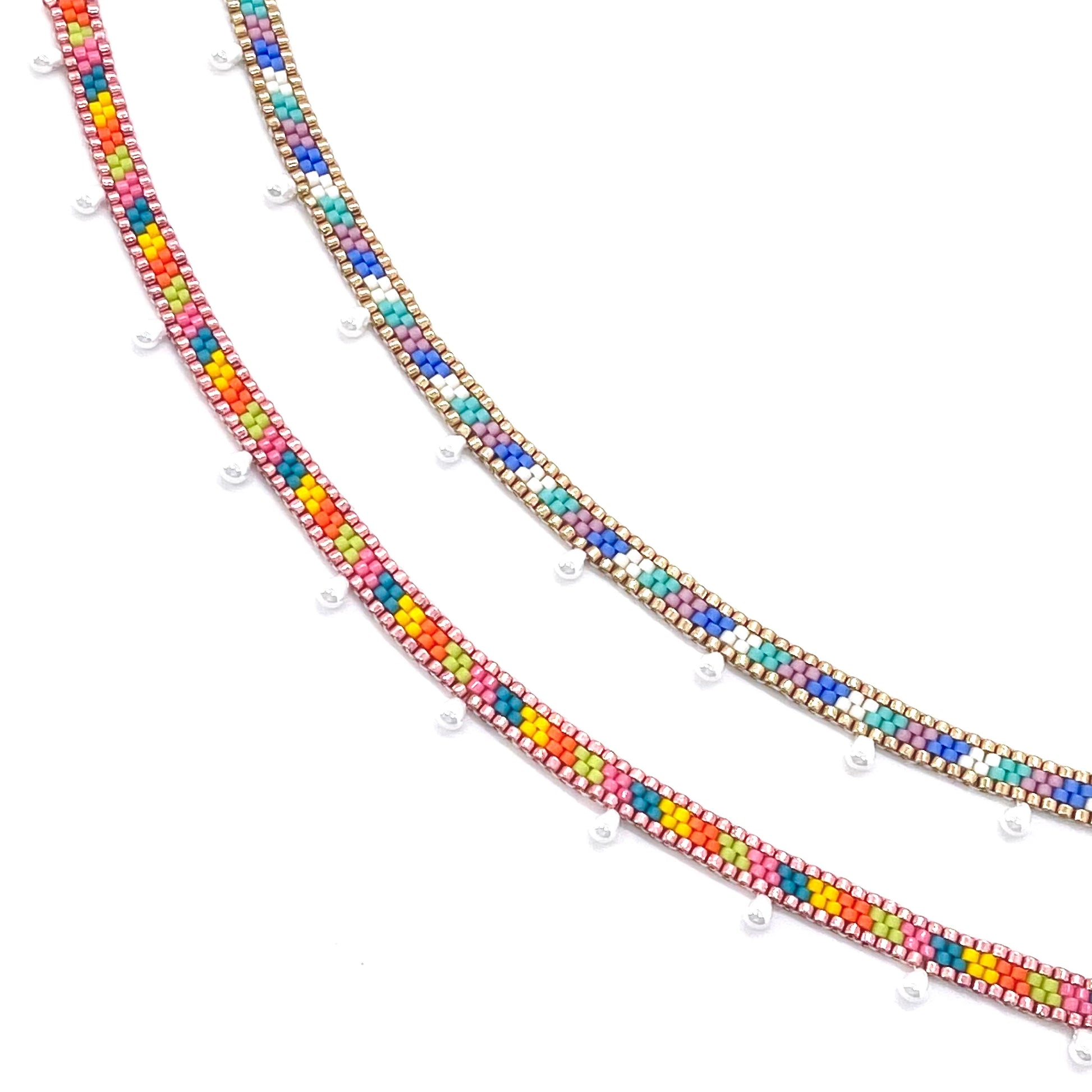Beaded ankle bracelets with candy stripes in bright and pastel color options with pearl droplets. Peyote stitch anklets handwoven in NYC.