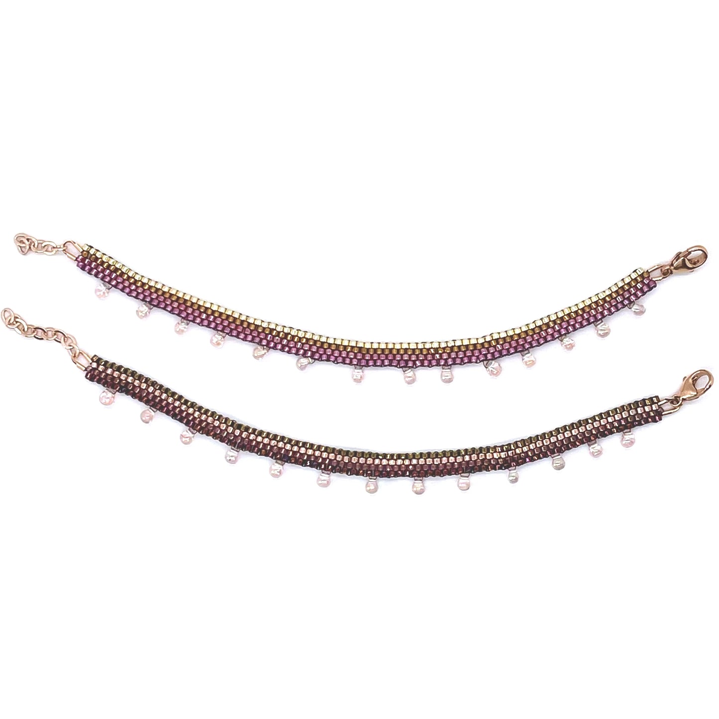 Cystal drop beaded ankle bracelets with pink, magenta, gold and bronze tone metallic seed beads. Handmade with peyote stitch.