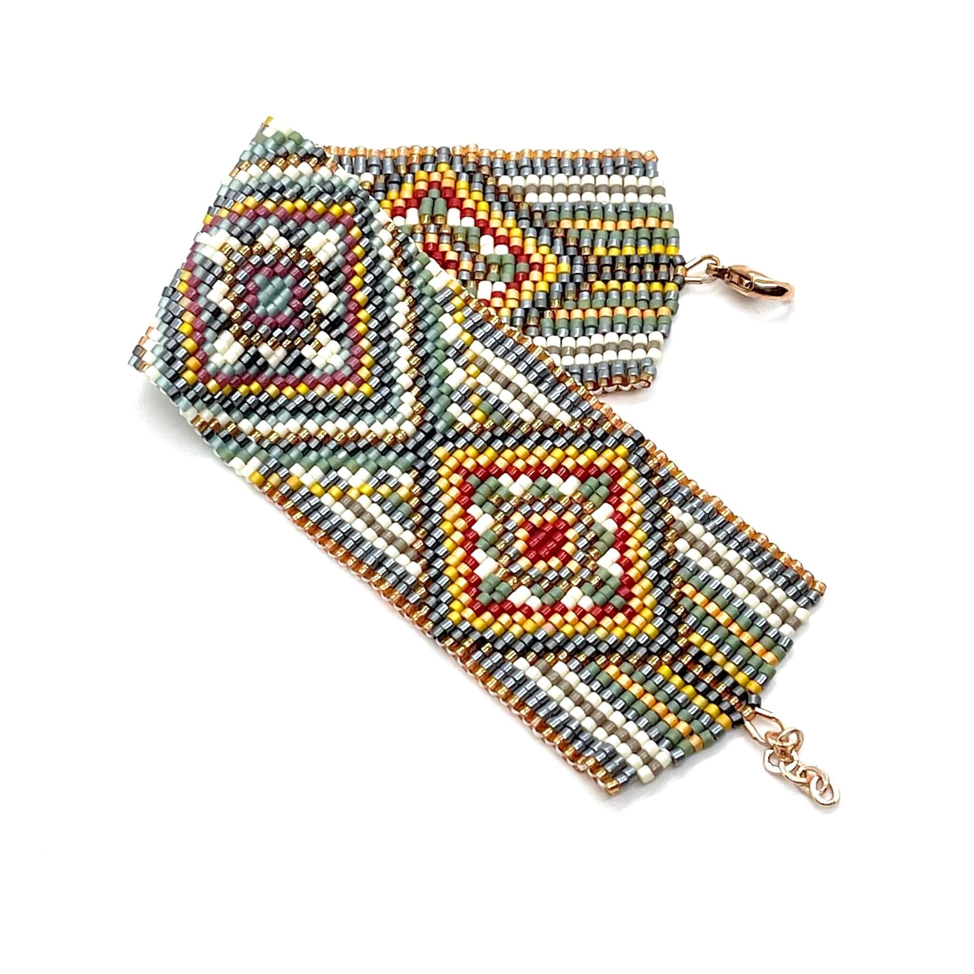 Wide beaded yellow, green, and red, diamond pattern seed bead statement bracelet.