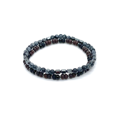 Men’s stackable beaded stretch bracelets with gray & black obsidian & silver hemalyke beads or brown & black seed beads.