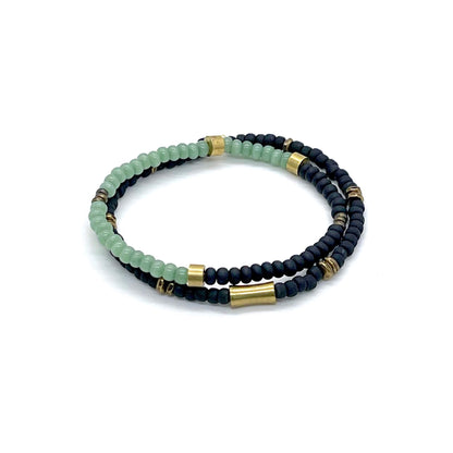 Men’s beaded stackable stretch bracelets with brass, jade & black seed beads, or brass cylinders, nuggets, & black beads. 