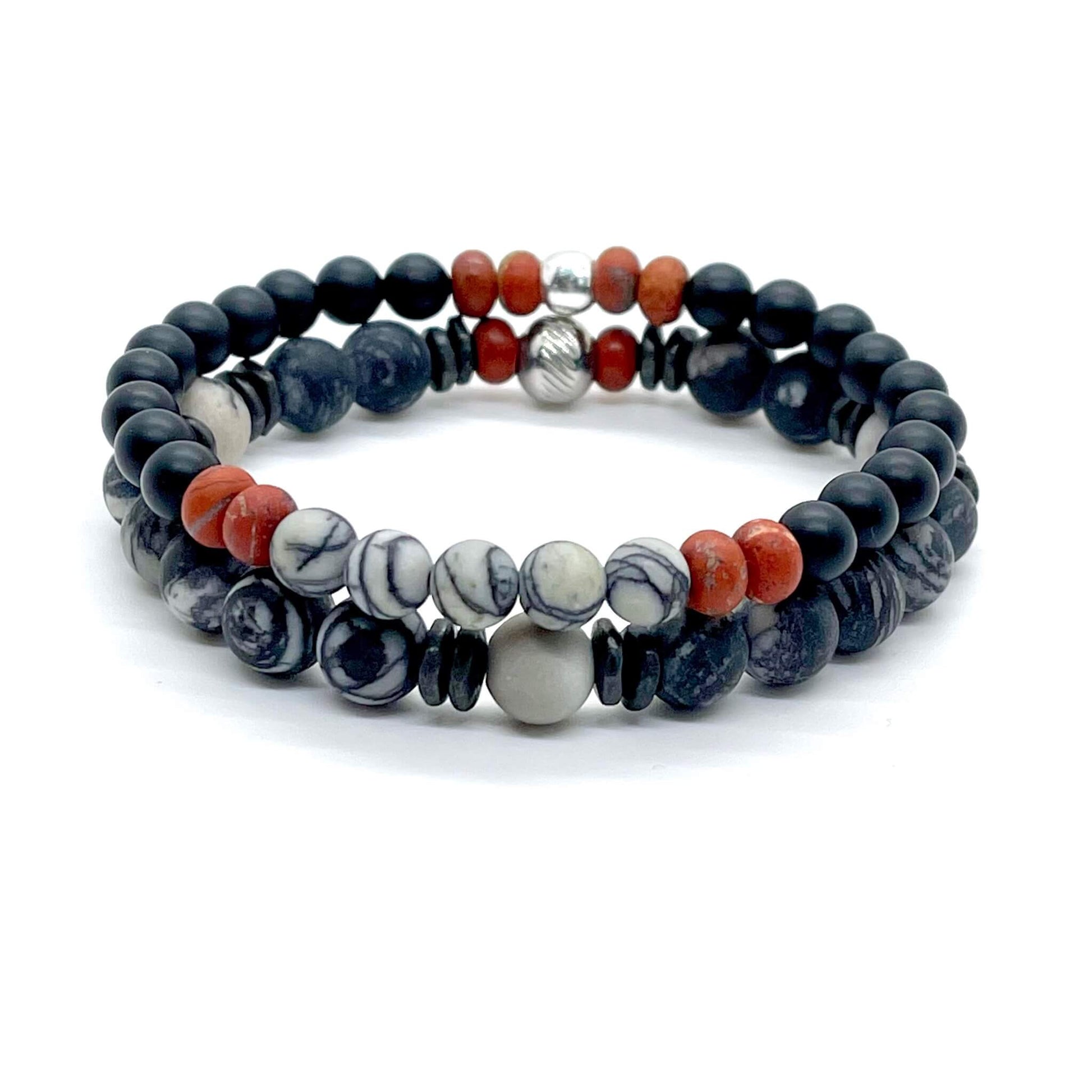 Stylish men's beaded bracelet stack with white, black and red gemstones.