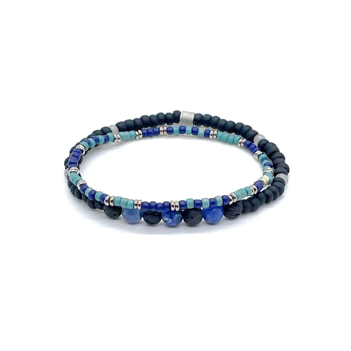 Men's blue sodalite, black lava, and seed bead bracelet set of 2.
