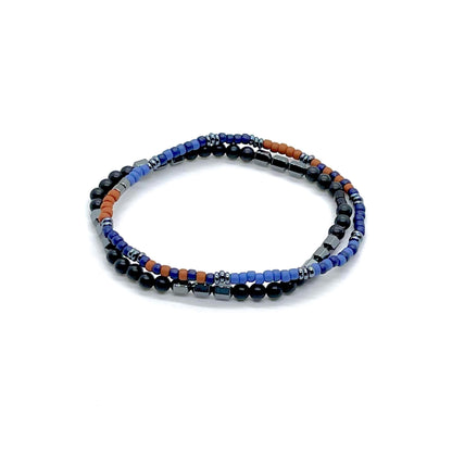 Men’s hand beaded stretch bracelets with matte black onyx & hemalyke hematite or with gunmetal, blue and rust seed beads.