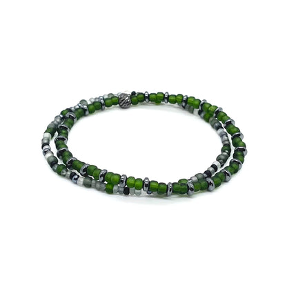Men’s beaded stretch bracelets with hematite spacer beads & green seed beads, or green, gray, black & gunmetal seed beads.