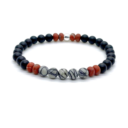 Men's matte red, black, and swirled white and black stylish beaded gemstone bracelet.