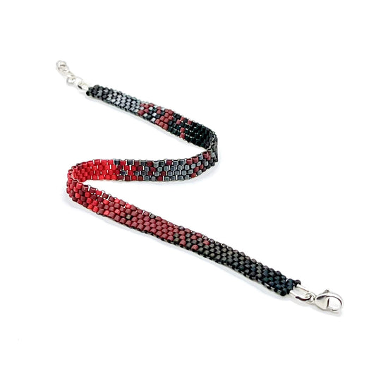 Mens red and black thin woven ombre seed bead bracelet.