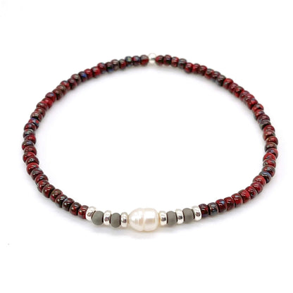 Mens red bracelet with freshwater pearl. Mens pearl bracelet. Mens beaded bracelet.