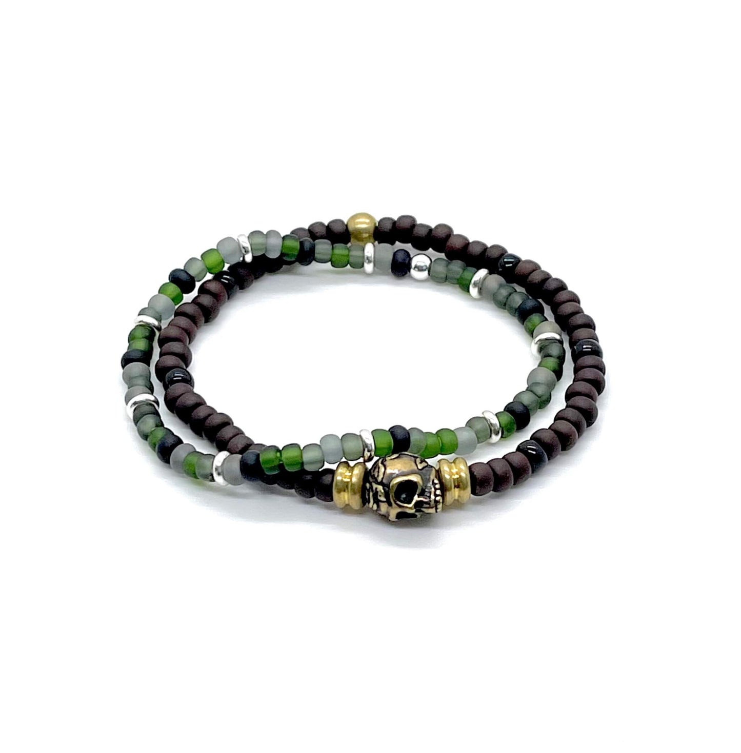 Men's skull bracelet set/2 stretch bracelets/Brown bracelet/Green bracelet/Men's thin bracelets.