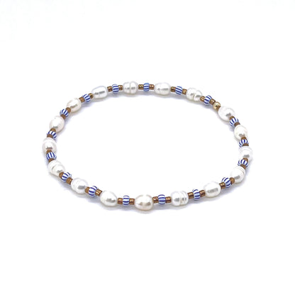 Pearl ankle bracelet with copper-tone and blue & white striped seed beads on elastic stretch cord.