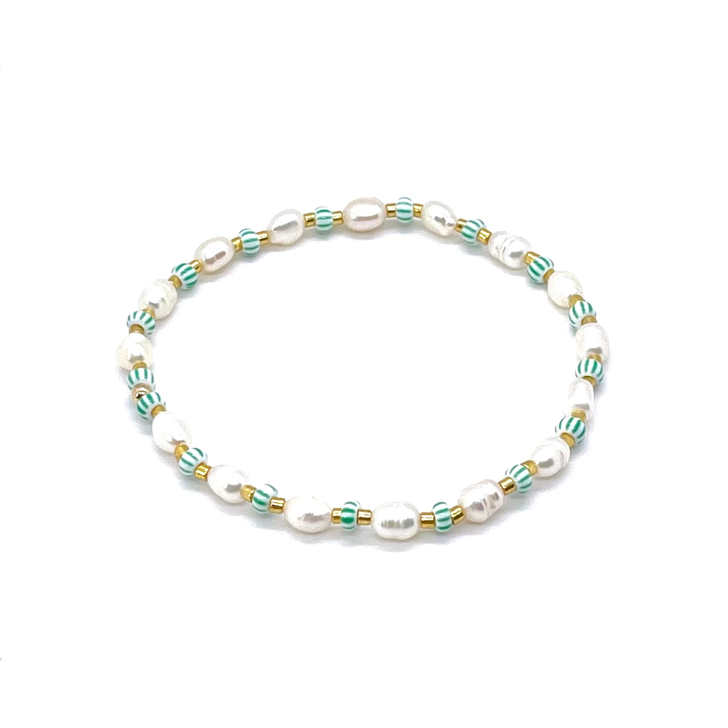 Pearl ankle bracelet with gold-tone and green & white striped seed beads on elastic stretch cord.