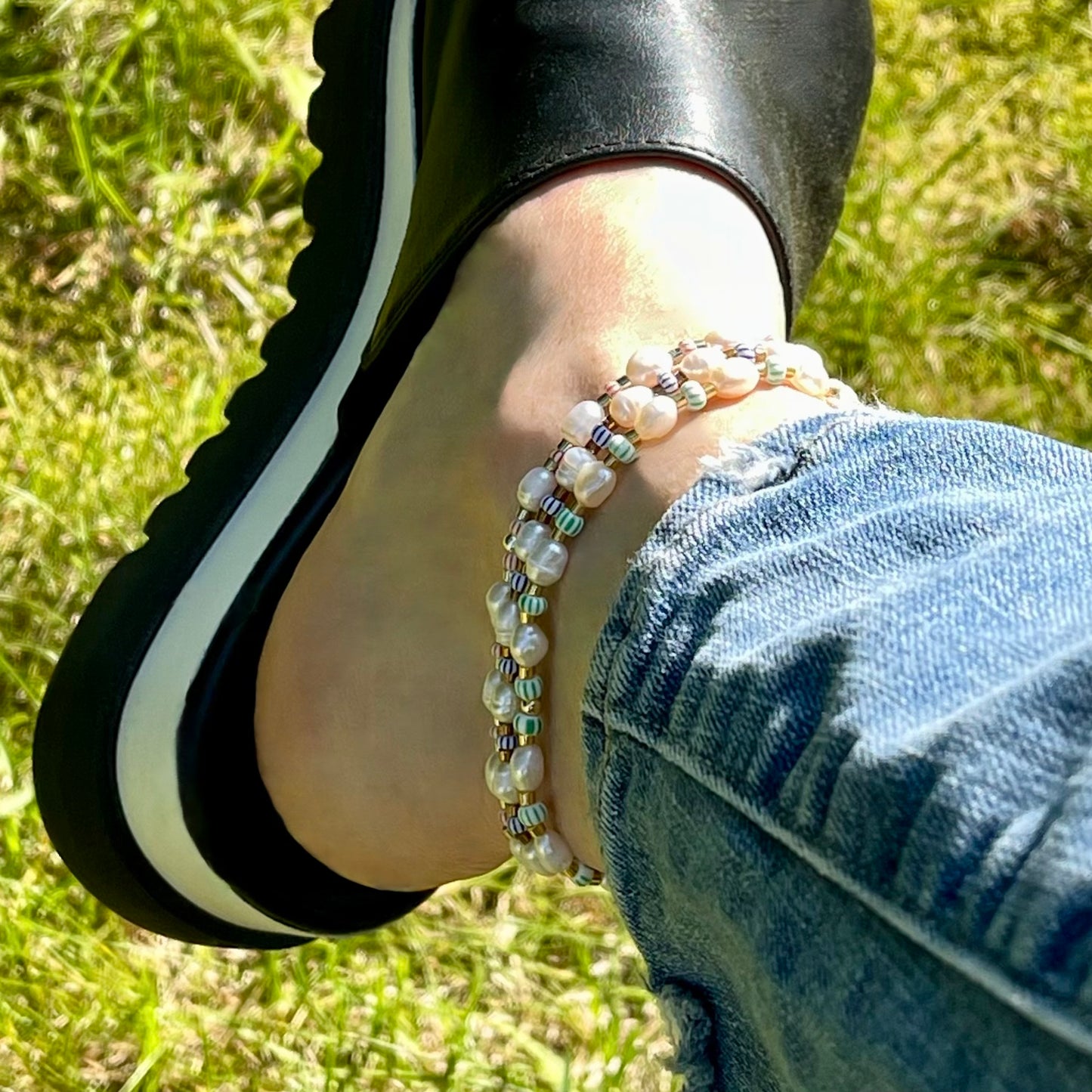Pearl anklet summer set with freshwater pearls and red, blue, and green & white striped seed beads and gold, silver or bronze tone accent beads on stretch cord.