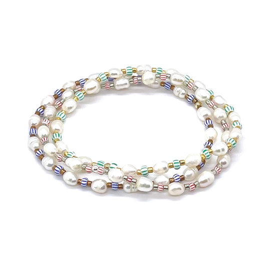 Pearl anklets with green & white, red & white and  blue & white striped seed beads and gold, silver, or bronze tone accent beads.