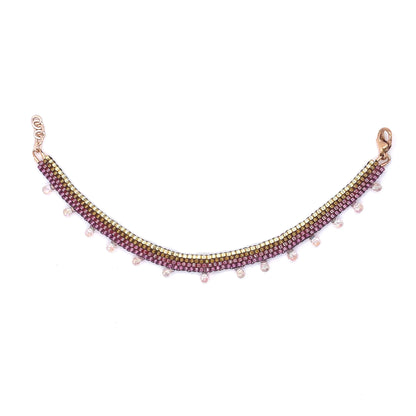 Seed bead anklet with gold, copper and magenta metallic beads and iridescent droplet beads. Handmade peyote anklet.