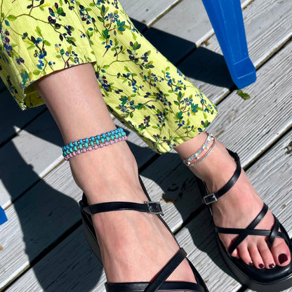 Summer anklets in fun mauve, blue and green colors with gold and silver accents. Waterproof and handmade in NYC.