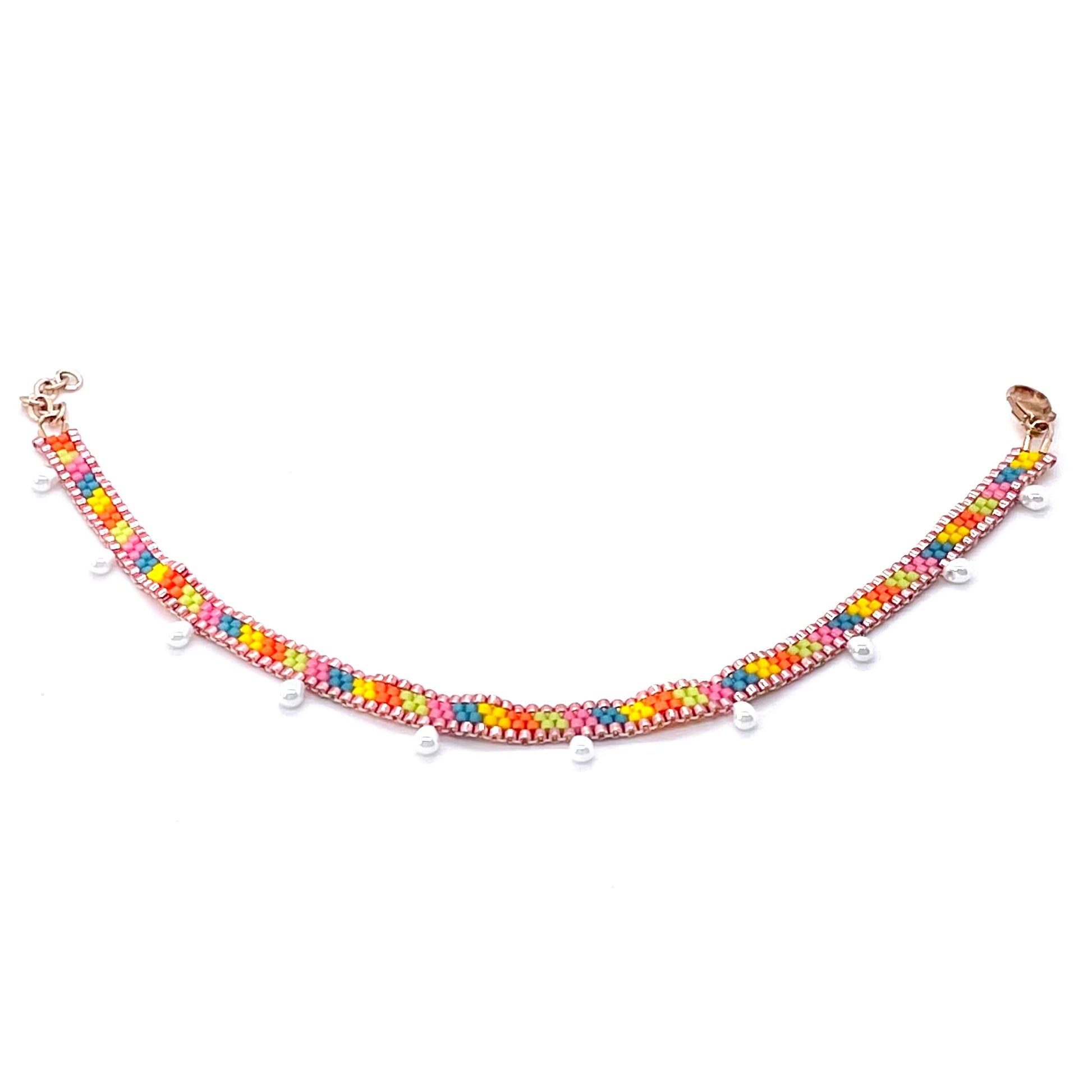 Women's ankle bracelet with bright fruity color candy stripes and pearl droplet beads. Handwoven with peyote stitch. Made in NYC.