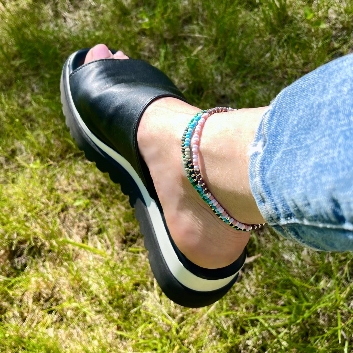 Women's anklets with colorful seed beads on stretchy elastic. Cheerful, boho beaded ankle bracelets.