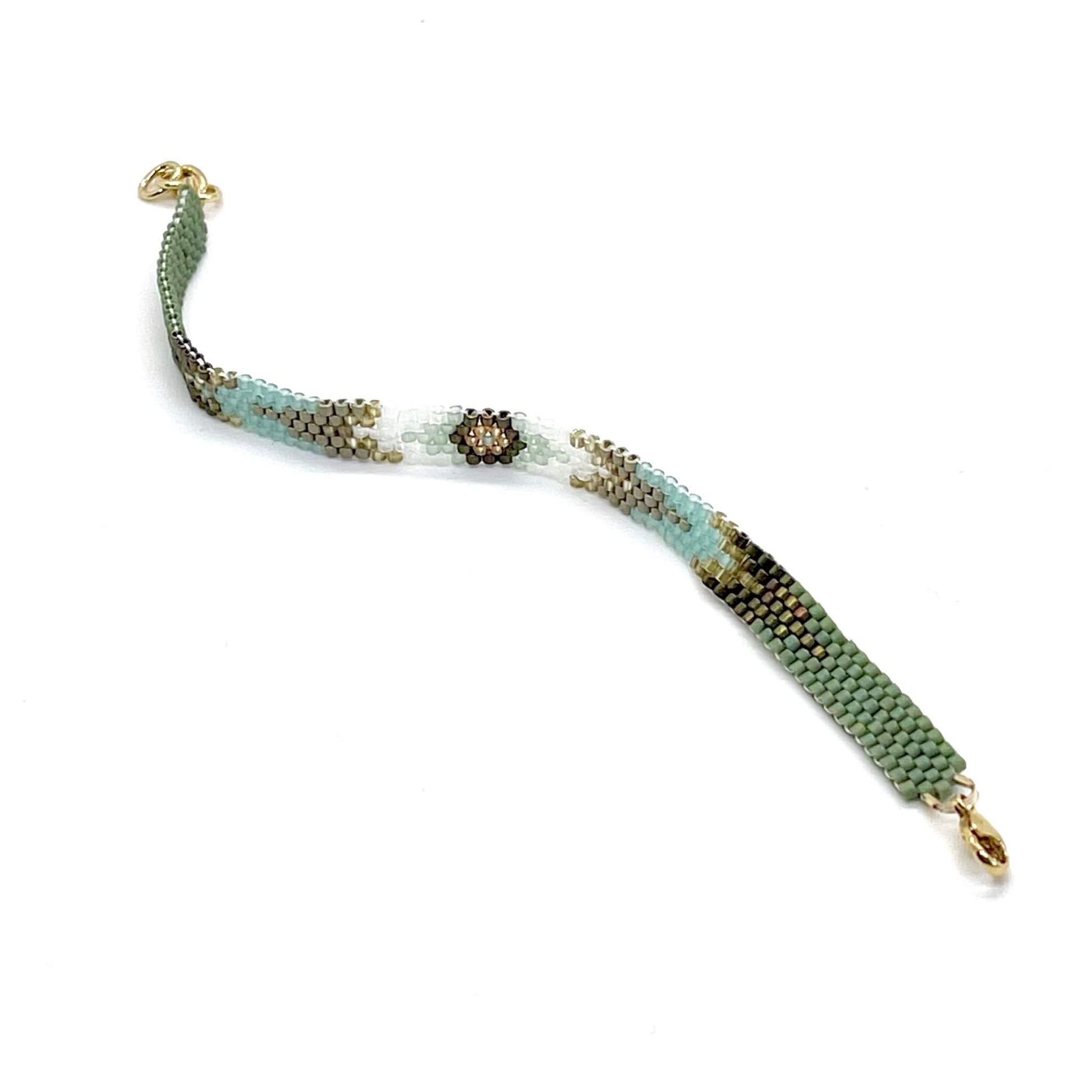 Thin beaded bracelet, woven bracelet with arrow pattern and peyote seed bead stitch in olive and sea foam green.