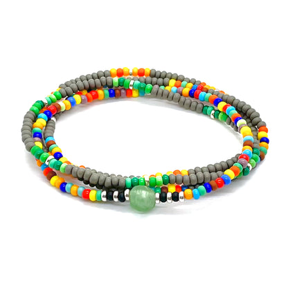 Beach bracelets for guys. Green, gray, and multi-color small bead stretch bracelets. Waterproof and handmade in NYC.