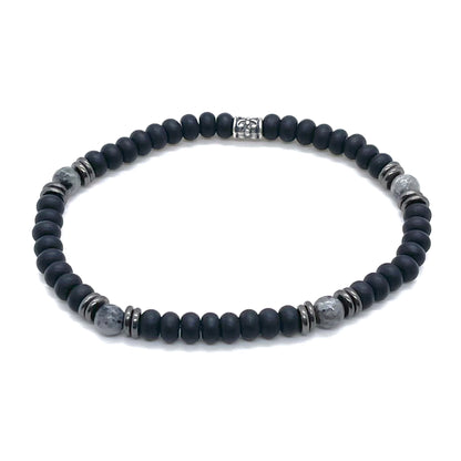 Beaded mens bracelet with matte black agate rondelle beads, pewter, and blue labradorite.