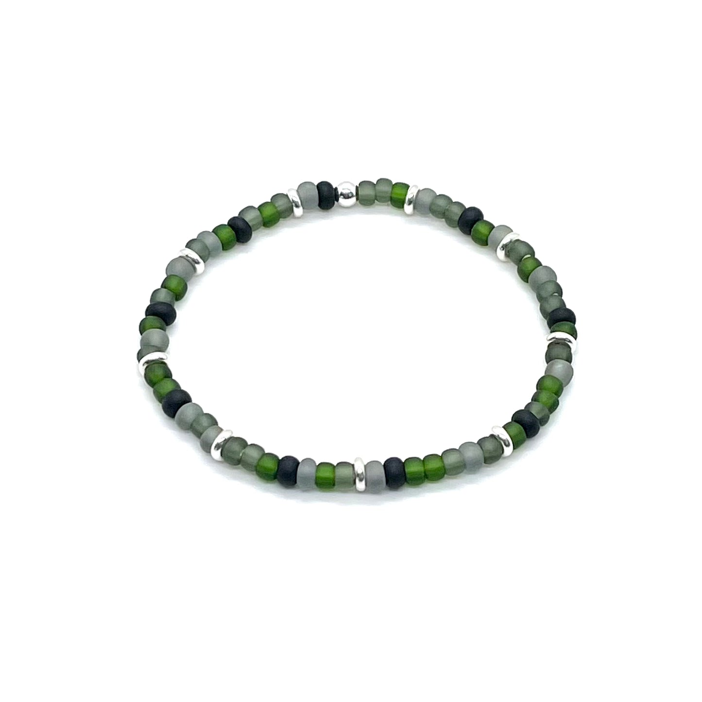 Beaded men's bracelet with matte green, gray, and black seed beads and silver-plated accent disks on elastic stretch cord.