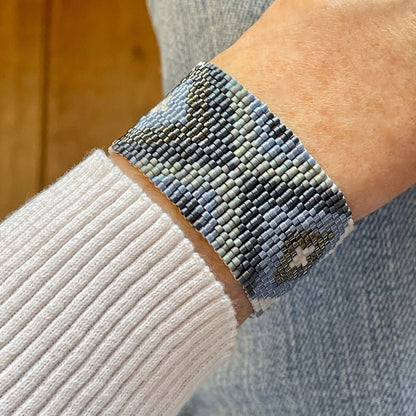 X Bracelet | Beaded Cuff Bracelet | Blue/Gray
