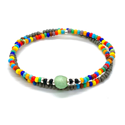 Beads for men. Bracelet set with grey and assorted colorful beads wiith a sea glass accent bead. Waterproof stretch bracelets.