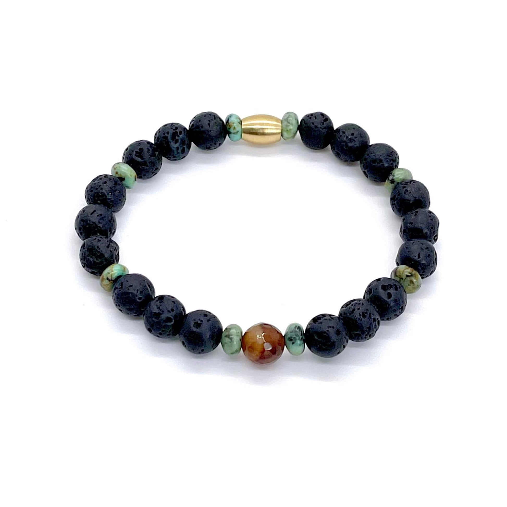 Men's black lava, brown agate, and turquoise beaded gemstone bracelet.