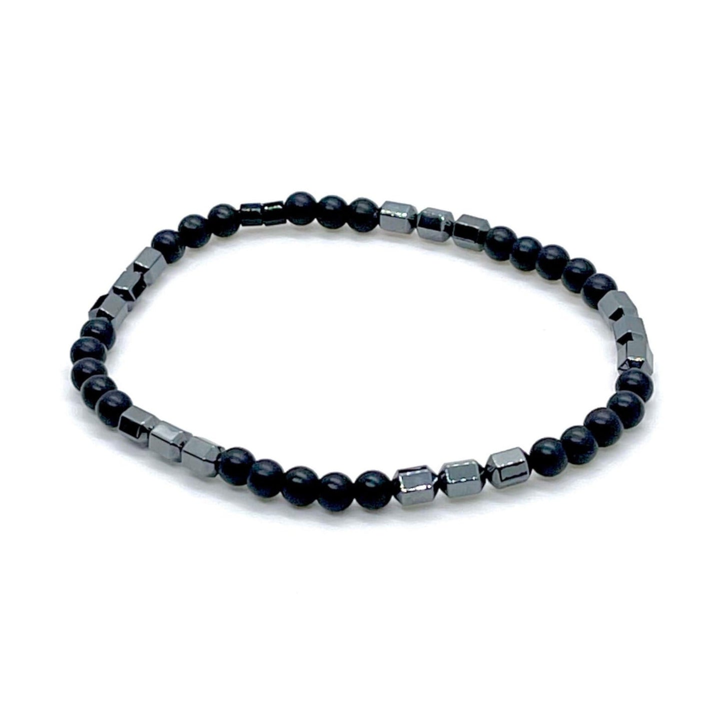 Black onyx and hematite thin bracelet on elastic stretch.