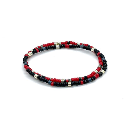 Black and red seed bead stretch bracelet set for men with silver accent beads.