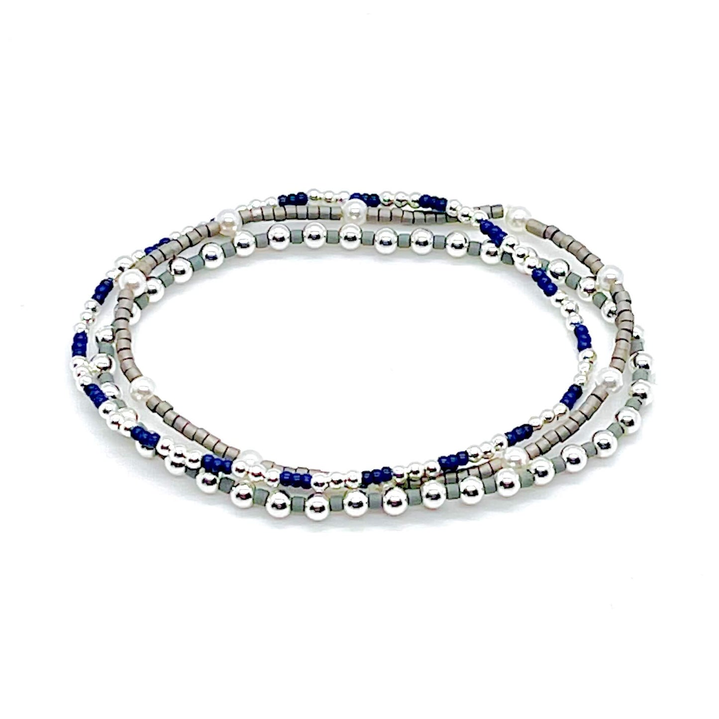 Blue, gray and pearl, silver ball beaded stretch bracelet trio.