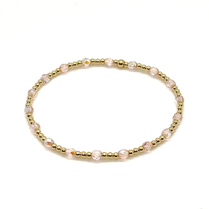 Blush rose crystal bracelet wtih gold filled beads. Handmade womens waterproof beaded bracelet.