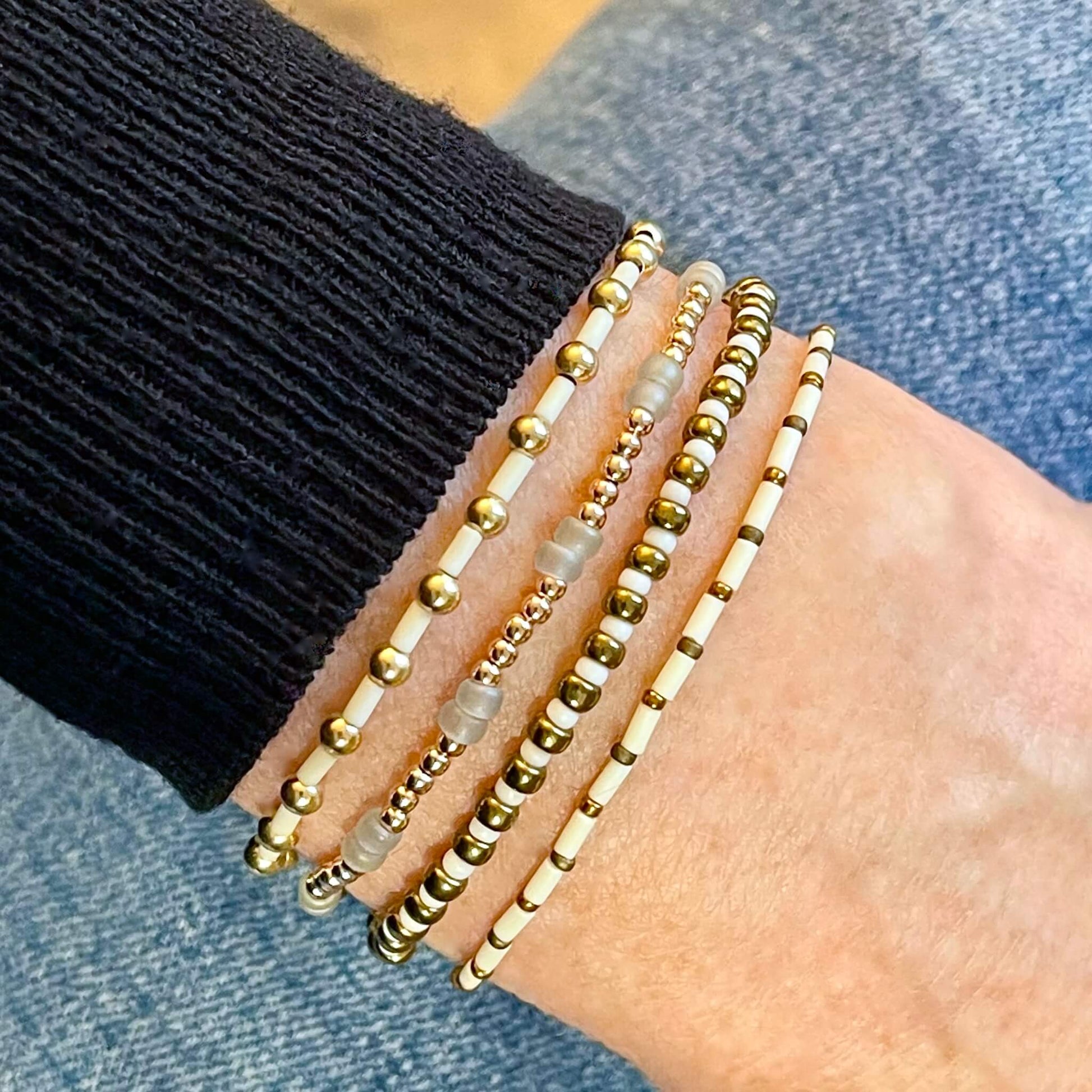 Minimalist gold and white beaded stretch bracelet stack of 4 perfect to wear as a set or to easily mix and style with other bracelets.
