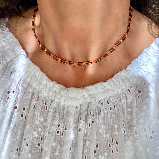 Brown beaded necklace with coral flower accents. Dainty double strand handmade bugle bead necklace.