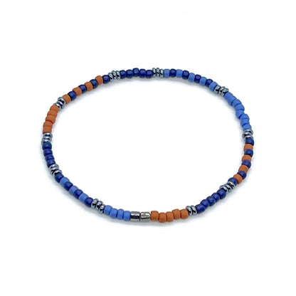 Brown and blue skinny minimalist seed bead stretch bracelet for men.