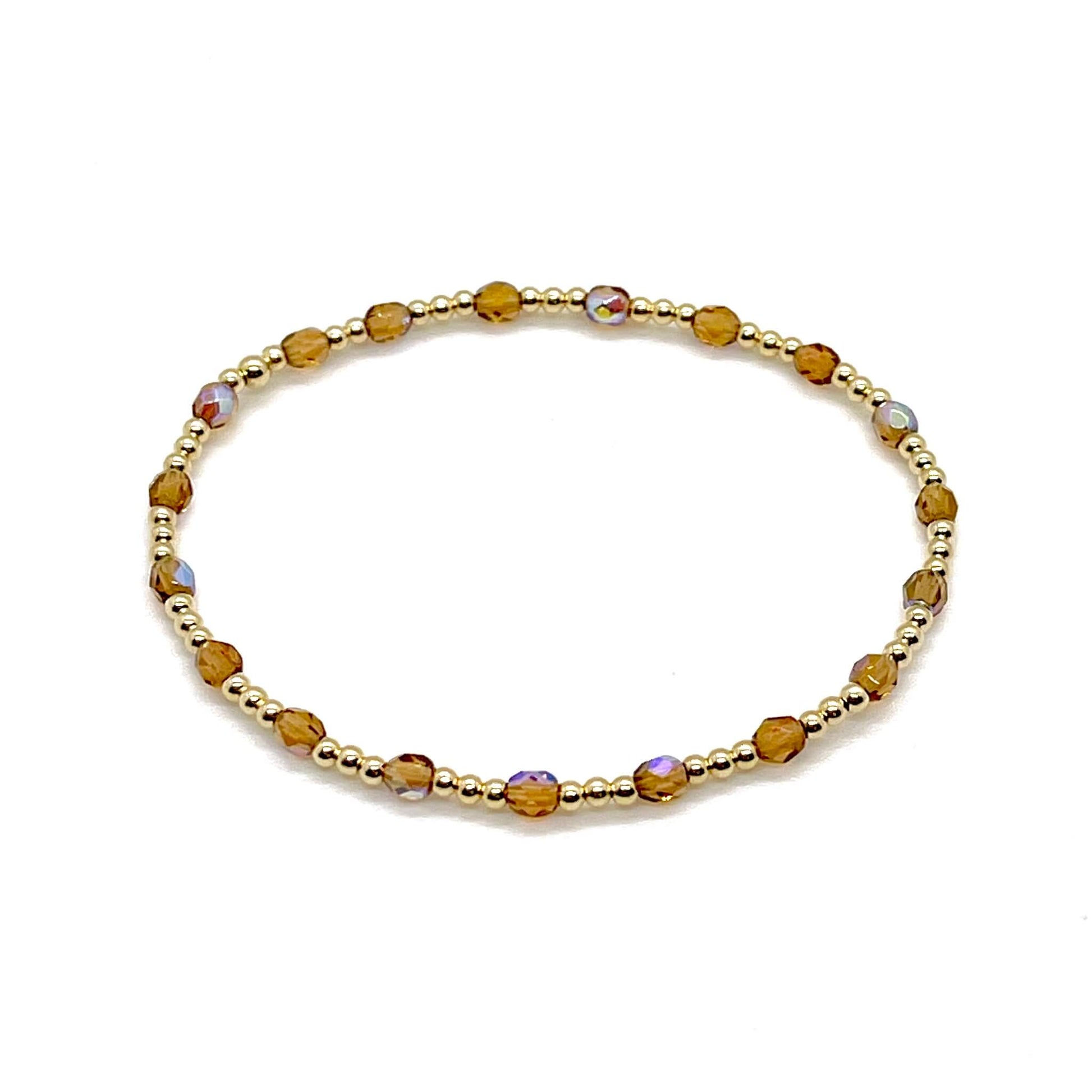 Brown crystal bracelet with tiny gold beads. Waterproof, tarnish-reisistant womens dainty bracelet.