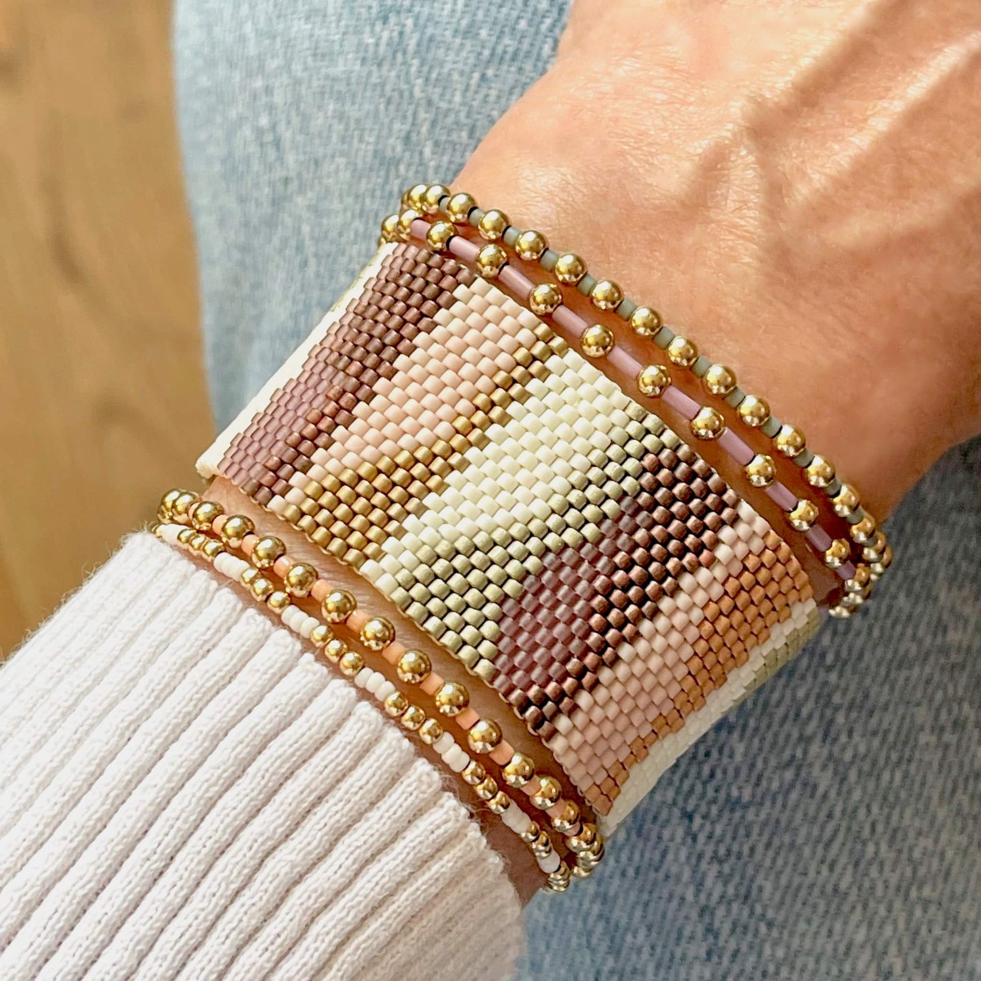 The Camouflage Pink and Plum beaded bracelet set with woven band and 14k gold fill colorful seed bead stretch bracelets.