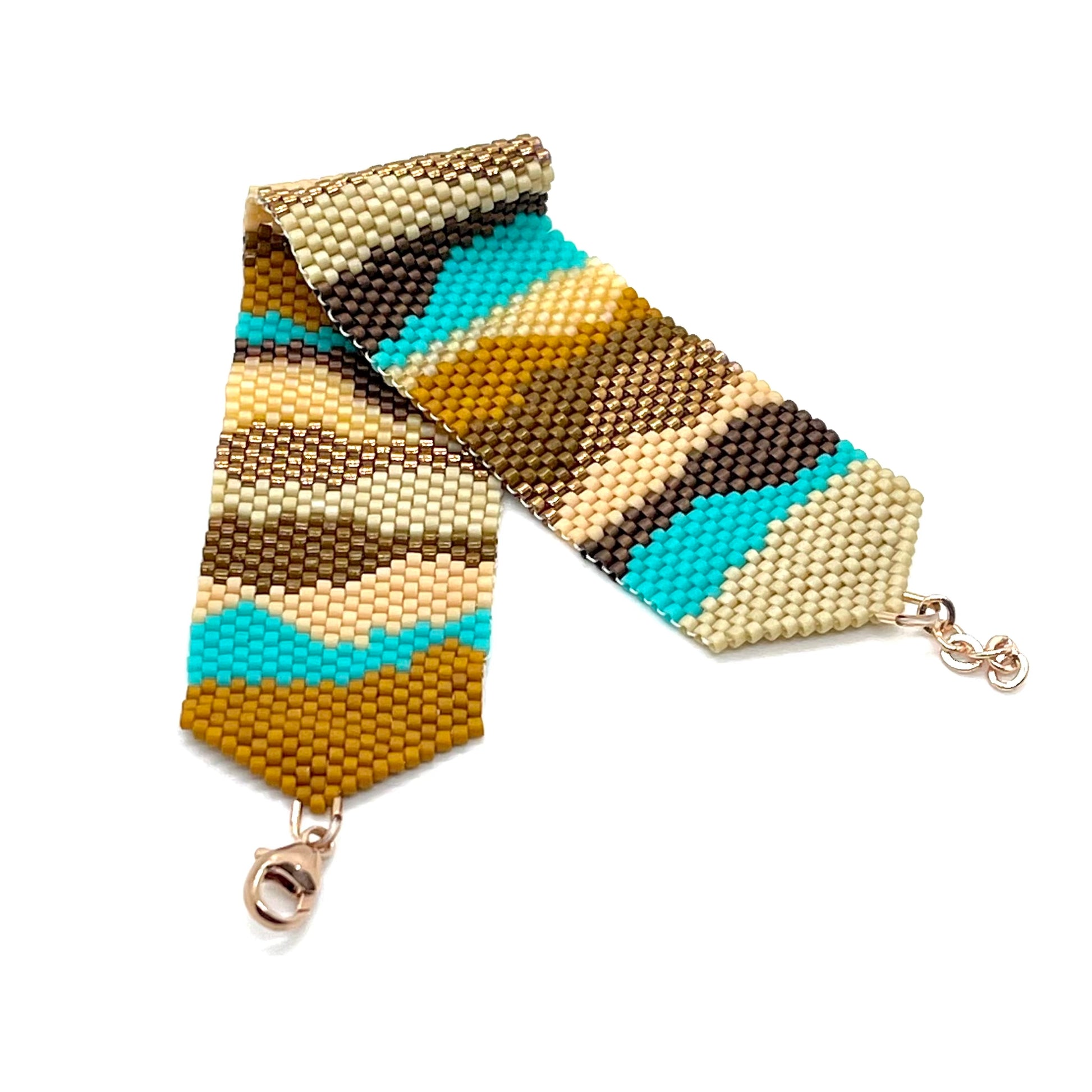 Camouflage wide hand woven beaded bracelet band with tan, turquoise, brown, and bronze beads.