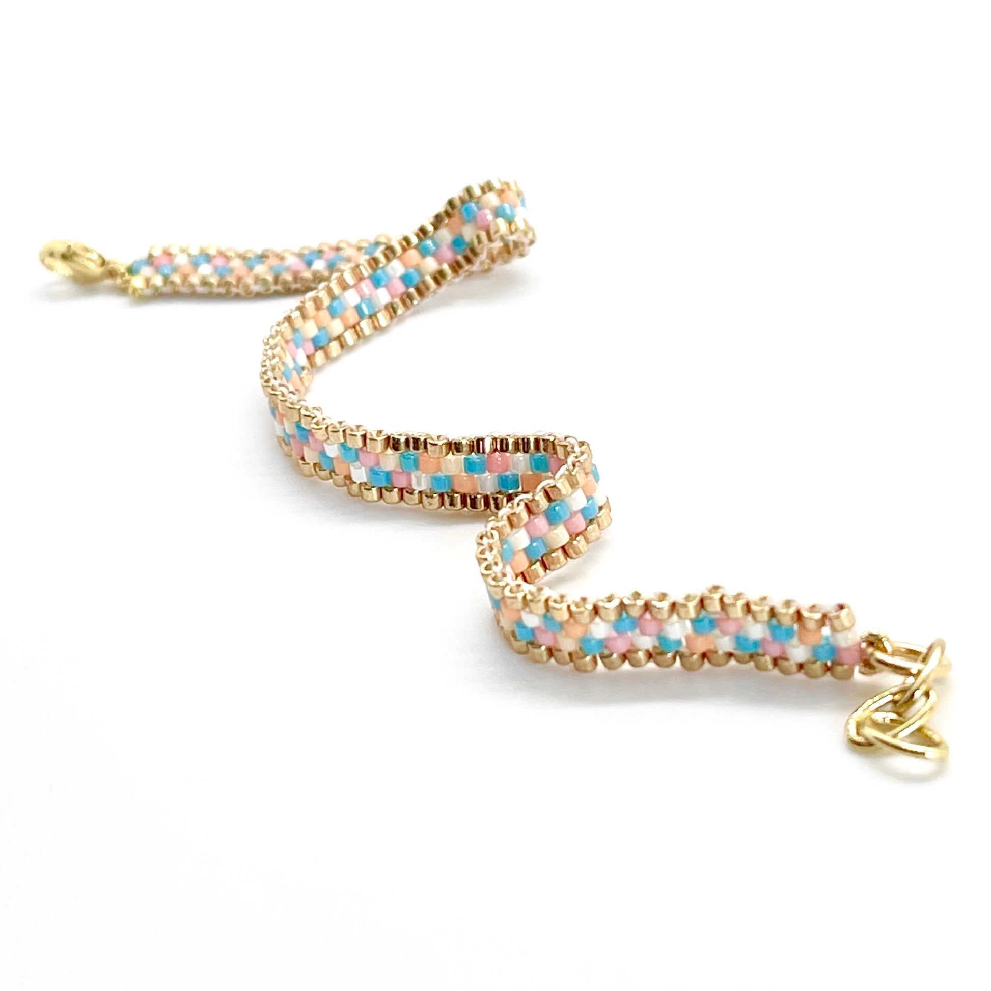 Checkered dots beaded woven thin pastel bracelet cuff. Handmade in NYC.
