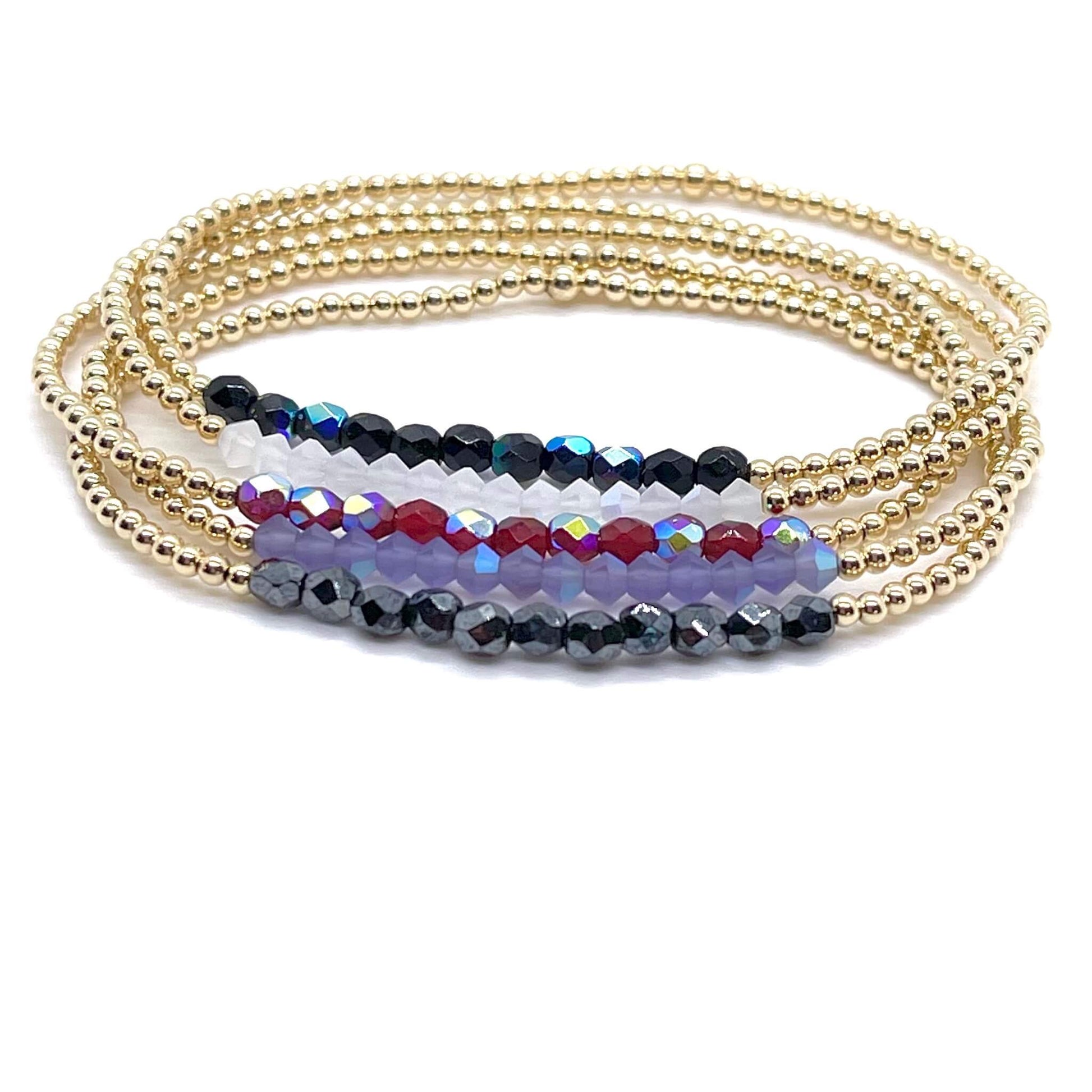 Crystal beaded bracelets with mixed colors. Gold and silver women's stretch bracelets with small crystal beads.
