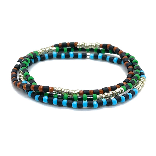 Fashion bracelets for men with tiny glass seed beads in black, brown, green, light blue, and silver-tone on elastic stretch cord.