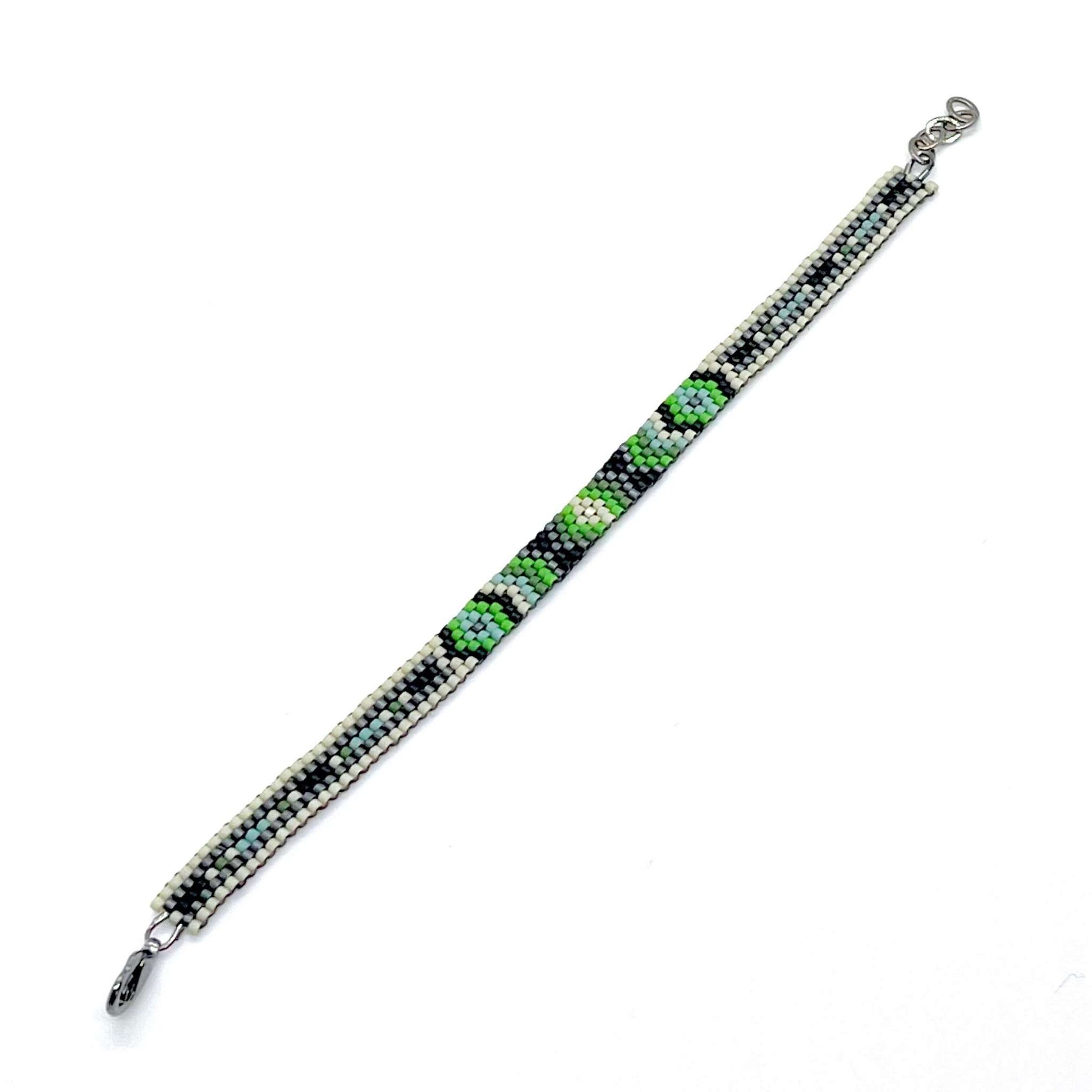 Flat beaded men's bracelet. Green Native American inspired peyote bead woven bracelet.