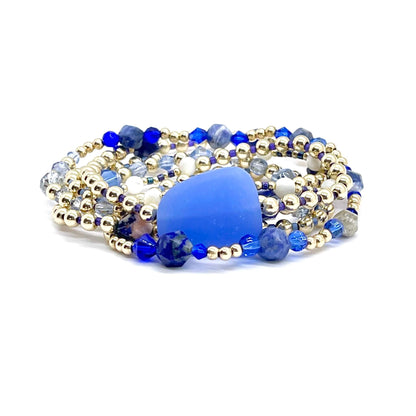Wrap Beaded Bracelet | 6 Strand Stack | Blue/Pearl
