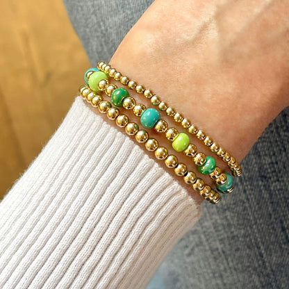 Monochomatic shades of green and 14k gold filled beaded ball stretch bracelet stack of 3.