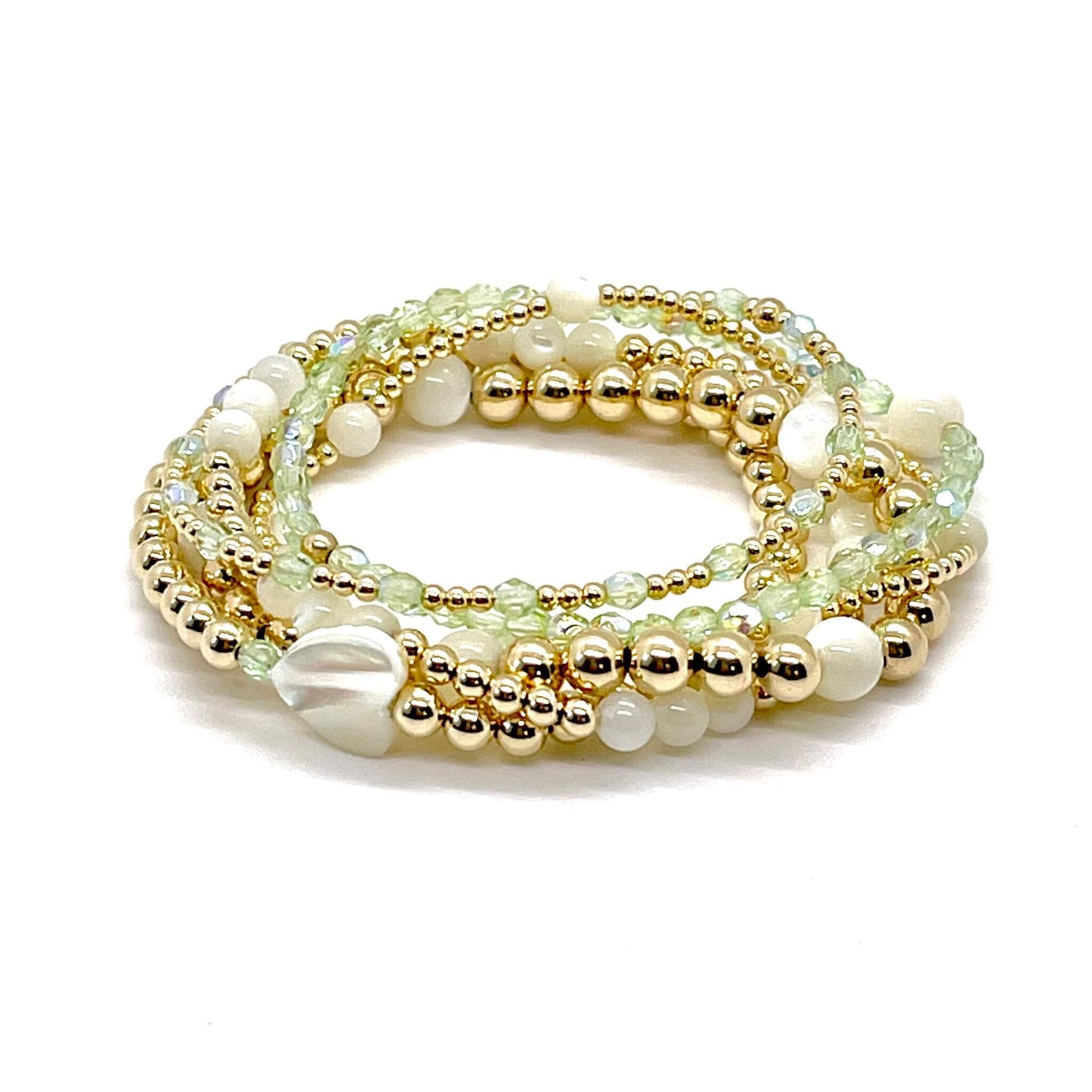 Gold, green, crystal, and pearl bracelet stack. Womens handmaded stretch bracelets.